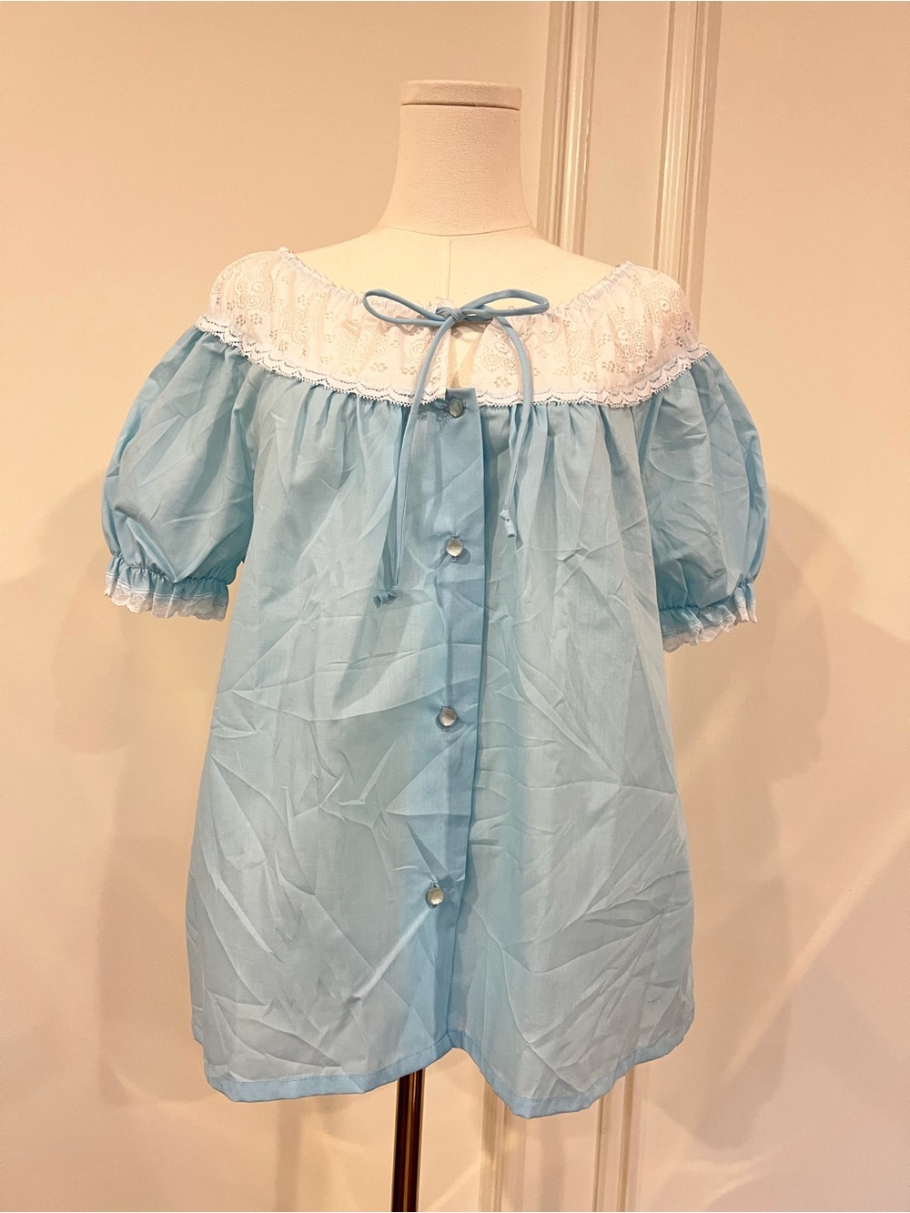 Vintage Luv'Lee Blue Eyelet Lace Bed Jacket Puff Sleeve Cottagecore Coquette M